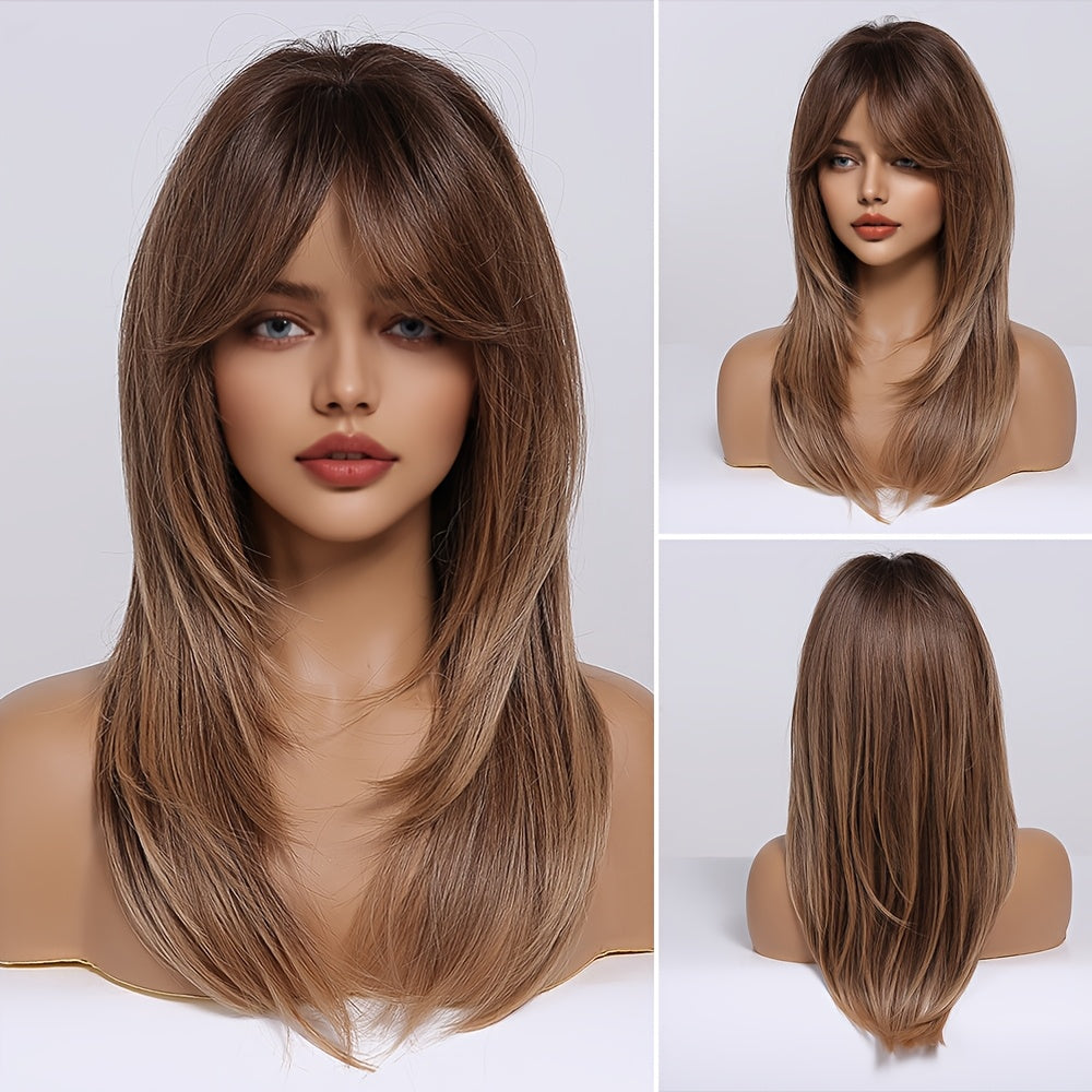 Chic Brown Layered Wig with Bangs - Short, Straight Synthetic Hair for Women, Matte Finish, High-Temperature Resistant, 150% Density, Rose Net Cap - Ideal Gift
